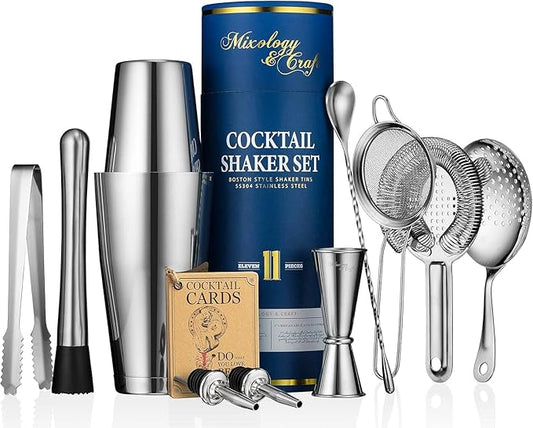 Bartender Kit with Stainless Steel Boston Shaker Bottle | 11-Piece Cocktail Shaker Set with Weighted Design, Premium Bar Accessories, Tools for Home or Portable Bar, Martini Shaker & Mixology Gift