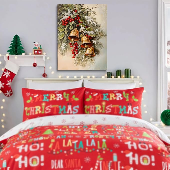 Winter Jingle Bells Christmas Wall Art Christmas Canvas Prints Posters Holiday Decor Brass Bells Art Holly Neutral Art Winter Country Room Living Room Decor 16x24"Unframed