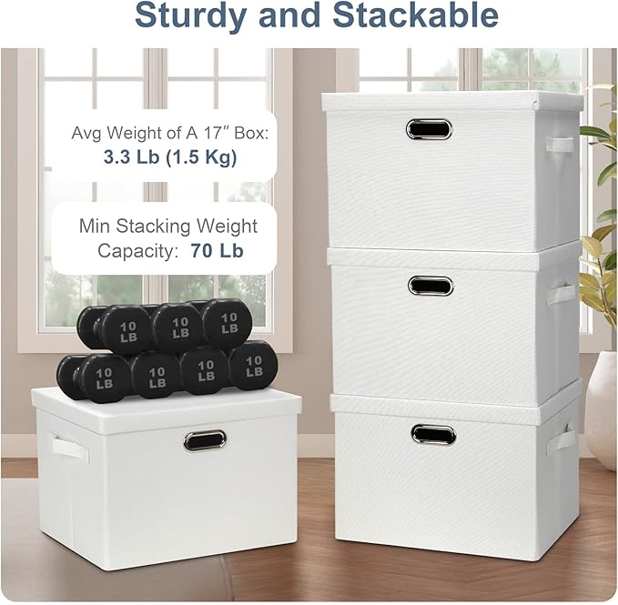 Large 17" 36 Quart Collapsible Stackable Storage Bins with Lids, 1 Pack White Foldable Fabric Closet Storage Boxes with Lids, 4 Handles Heavy-duty Linen Cube Baskets for Bedroom