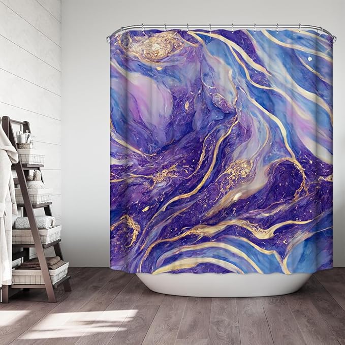 Domoku Purple Blue and Gold Marble Shower Curtain,Abstract Modern Bathroom Decor, Waterproof Washable Fabric Shower Curtain, 72 X 72