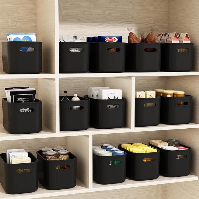 10 Pack Black Plastic Storage Bins, Storage Container for Organizing, Storage Boxes with Handle for Shelves, Cute Organizer Bins for Craft, Snacks, Pantry, Cabinet, 9.69x6.7x5.7 inch