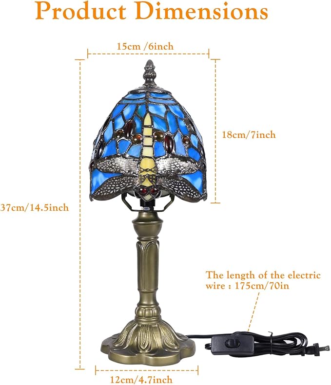 Tiffany Table Lamp,Dragonfly Stained Glass Lamp,Bedside Night Light with Included LED Bulb, Warm White Light for Bedroom/Office Decor,Small Tiffany Style Lamp
