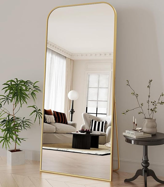 Koonmi Full Length Mirror, 65"x24" Mirror Full Length with Stand, Gold Domed Top Square-Edged Floor Mirror with Aluminum Alloy Frame for Bedroom Living Room