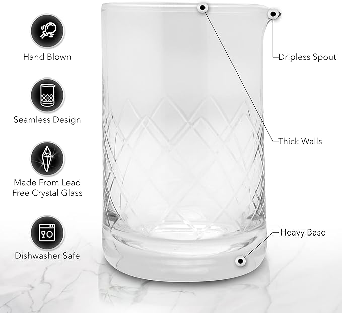 Professional Bartending Set for Shaken and Stirred Drinks: Boston Cocktail Shaker, Hawthorne Strainer, Japanese Jigger, Bar Spoon and Crystal Mixing Glass