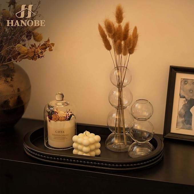 Hanobe Beaded Decorative Tray Decor: Black Wood Coffee Table Centerpieces for Ottoman Dining Living Room - Oval Modern Farmhouse Serving Trays for Kitchen Counter Entryway Home