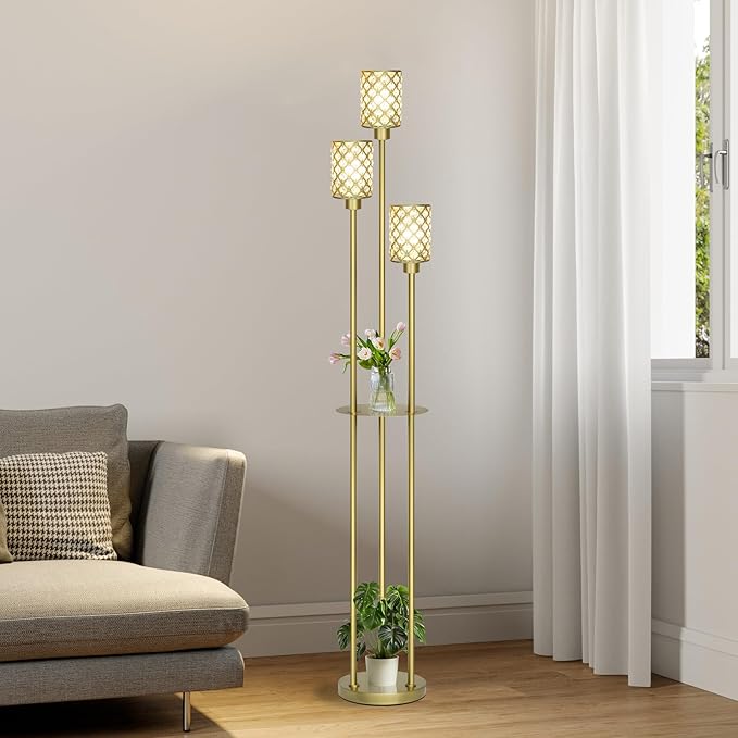 Gold Floor Lamps for Living Room, Standing Floor Lamp with Shelves, Tall Lamp with Table, Modern Mid Century Floor Lamp with E26 Base, Coner Crystal Floor Light for Bedroom (Without Bulb)