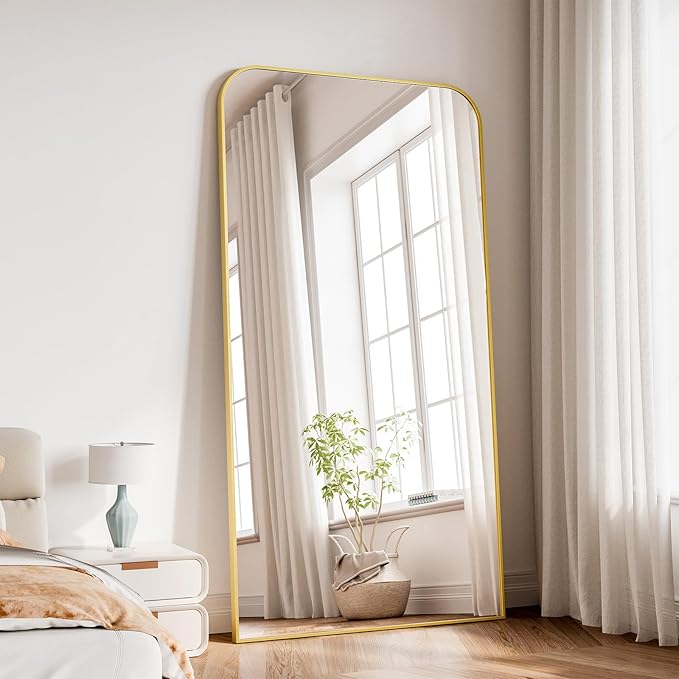 Koonmi Full Length Mirror, 78"x35" Mirror Full Length with Stand, Gold Domed Top Square-Edged Floor Mirror with Aluminum Alloy Frame for Bedroom Living Room