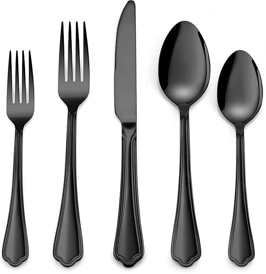Herogo 40-Piece Black Silverware Set with Scalloped Edge, Stainless Steel Flatware Cutlery Set for 8, Modern Tableware Eating Utensils, Dishwasher Safe, Mirror Polished