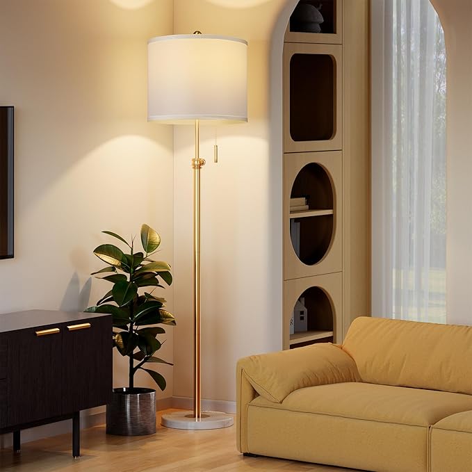 PARTPHONER Floor Lamp for Living Room, 66'' Adjustable Height Standing Lamp with Marble Base, 3-Color Tall Lamps with Pull Chain, Suitable for Bedroom, Reading, Office (Bulb Included, White Shade)