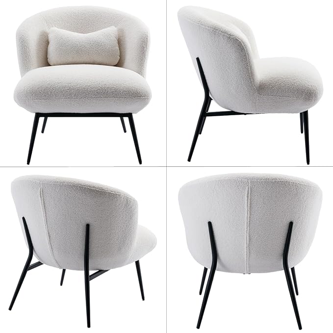 LukeAlon Modern Sherpa Accent Chair Upholstered Single Sofa Chair with Pillow & Black Metal Legs, Comfy Vanity Chair for Living Room, Bedroom, Office, White