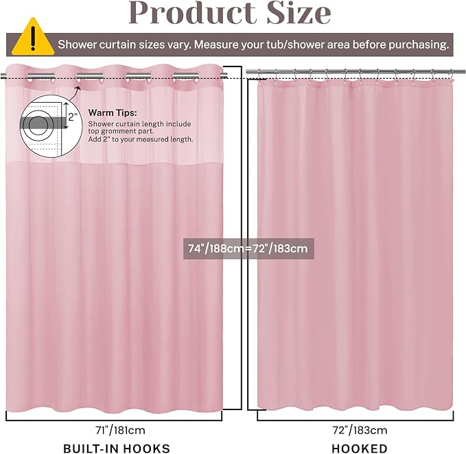 No Hook Slub Textured Shower Curtain with Snap in Liner - Pink Fabric Outer Curtain & Waterproof Inner Liner, Hotel Style with See Through Top Window, 71x74 in