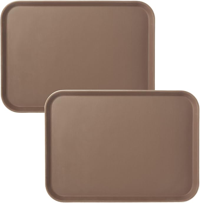 CURTA 2-Pack Restaurant Grade Non-Slip Tray, NSF, 22 Inch x 16 Inch, Plastic Rubber Lined Rectangular Serving Tray, Brown