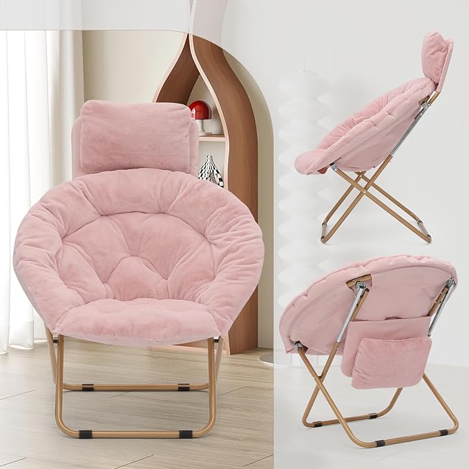 Athena Collection Comfy Saucer Chair with Headrest Oversize Round Cozy Chair Folding Chair Faux Fur Metal Frame Foldable Reading Chair Accent Chair for Bedroom Living Room Set of 2, Pink