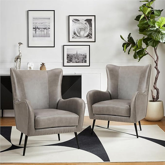 HULALA Home Faux Leather Accent Chair Set of 2 w/Removable Cushion, Comfy Upholstered Armchair with Metal Legs & Nailhead Trim Wingback Vanity Chair Desk Chair for Reading Living Room Bedroom, Grey