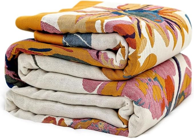 Boho Throw Blanket for Bed 60"x80", 100% Soft Cotton Bohemian Blankets with Rustic Floral Printed Decor, Fall Throw Blanket for Couch Cozy Breathable Twin Size All Season