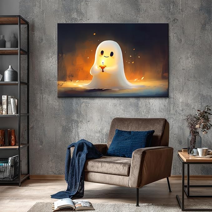 BANHUA1 Vintage Halloween Canvas Wall Art, Cute Ghost with Candle Picture Print, Dark Academia Wall Decor for Home, Living Room, Bedroom, 48 x 36 Inch