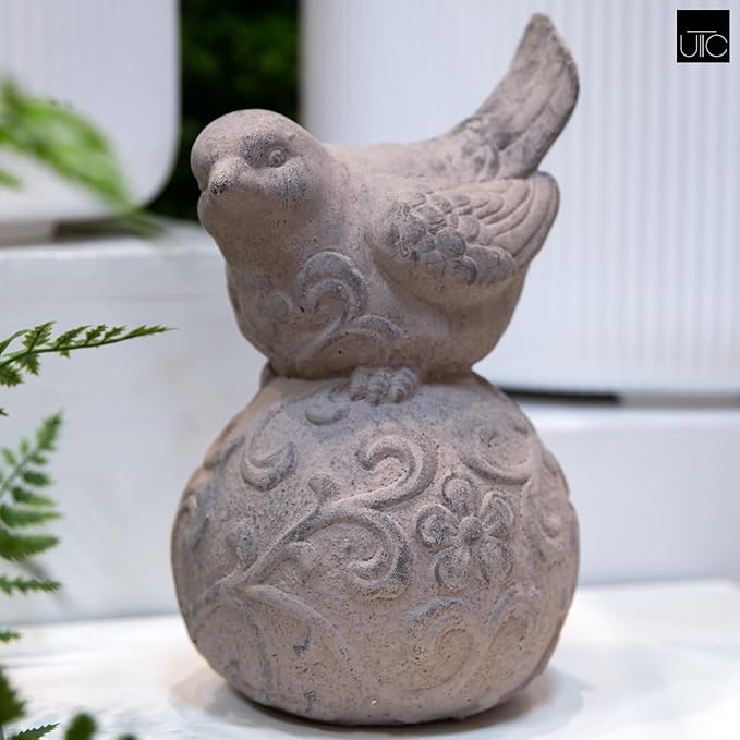 Bird Figurine with Design on Ball Pedestal for Outdoor, Small Decorative Washed Finish Bird Sculpture for Lawn, Patio Yard Lawn Ornament for Home Decor Items: 6.25"x6.50"x10.50"H, 6.50"x6.25"x10.50"H