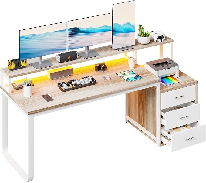 HOMBCK 67" Computer Desk with 3 Drawers, Home Office Desk with Long Monitor Stand and Printer Space, Office Desk with Storage & LED Lights, Writing Desk with Drawers, Walnut and White