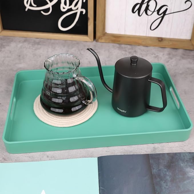 Green Decorative Serving Tray with Handles, Plastic Coffee Table Tray for Outdoor Patio, Living Room, Ottoman, Bathroom Counter, 10.2”*15.7”*1.4”
