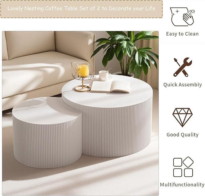 Modern Round Nesting Coffee Table Set of 2, Vertical Stripe Design Drum Coffee Table Cocktail Table, Round Side Table for Living Room, Bedroom, Office, Balcony (A19.7+27.6")