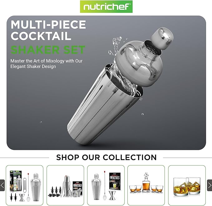 NutriChef Bartender Set 7 Piece - Includes Cocktail Shaker Mixer, Essential Bar Accessories, 2 Bottle Pourers, Bar Mixer Spoon, Jigger & 50 Recipe Booklet - Essential Martini Making Kit - Drink Mixing