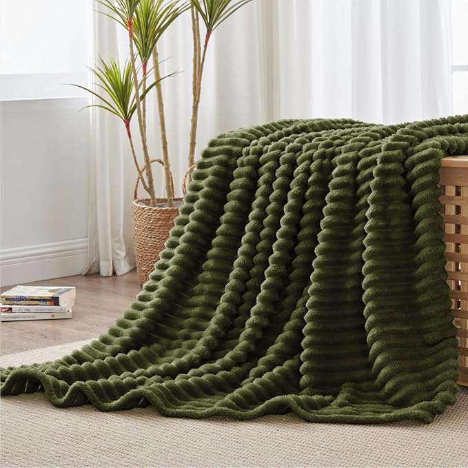 BEDELITE Fleece Throw Blanket for Couch - 300GSM Soft & Warm Fluffy Olive Green Blanket, Decorative and Giftable Striped Blankets for Women, Men, 50"x60"