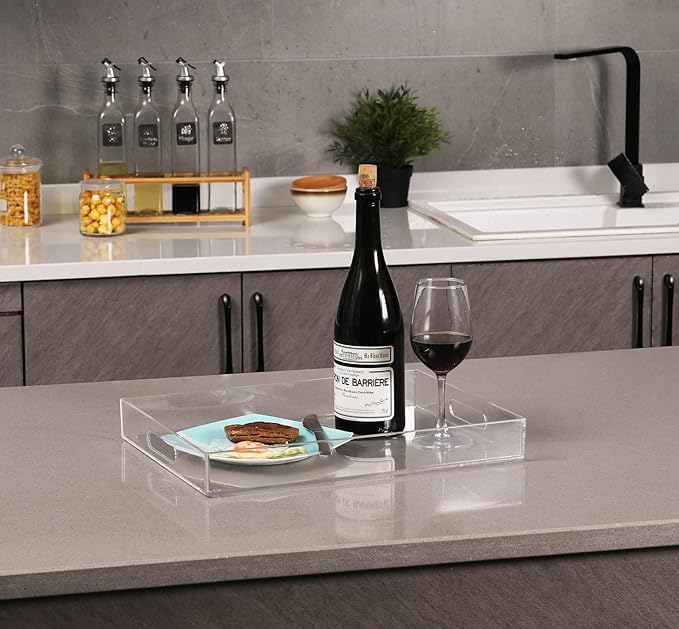 Sooyee Clear Acrylic Tray Decorative,16" x 12" Plastic Serving Trays for Coffee Table,Kitchen,Bathroom,Food,Vanity Countertop,Large Ottoman Tray with Handles