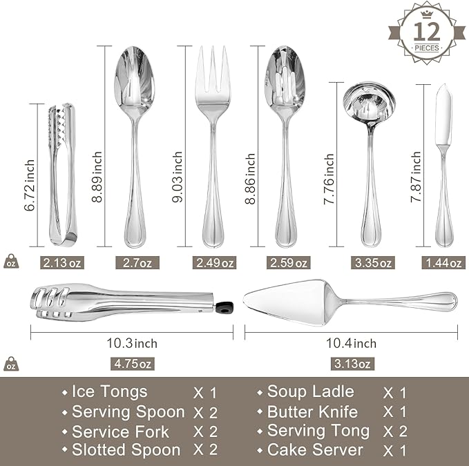 KINGSTONE 12 Piece Teardrop Serving Utensils Set, 18/10 Stainless Steel Serving Utensils, Slotted Spoons, Forks, Tongs, Cake Server, Butter Knife for Buffet, Catering, Wedding, Party