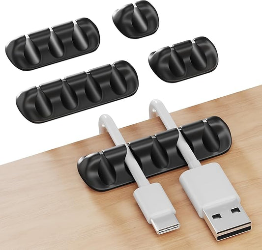 GLUIT Adhesive Desktop Cable Organizer 15 Slots Versatile Cord Holders Wire Clips and Cable Holder Cord Organizer for Desk Table Accessories Office Spaces New Black 5 Pack