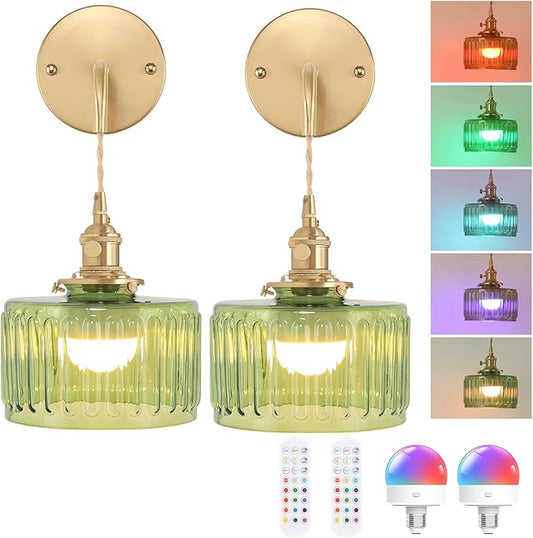 Battery Operated Wall Sconce with Green Striped Shade Pattern Glass Adjustable Chain Retro Gold Wall Mounted Light, Modern Wall Decor for Bedside Bedroom Indoor Doorway， Set of 2