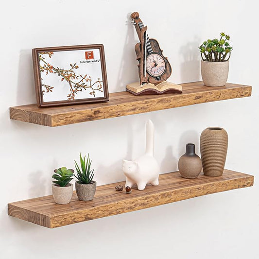 Fun Memories Floating Shelves for Wall Decor, Rustic Solid Elm Wood Live Edge Floating Shelves Wall Mounted, Heavy-Duty Shelf with Invisible Bracket for Living Room Kitchen, 32 Inch Set of 2, Natural