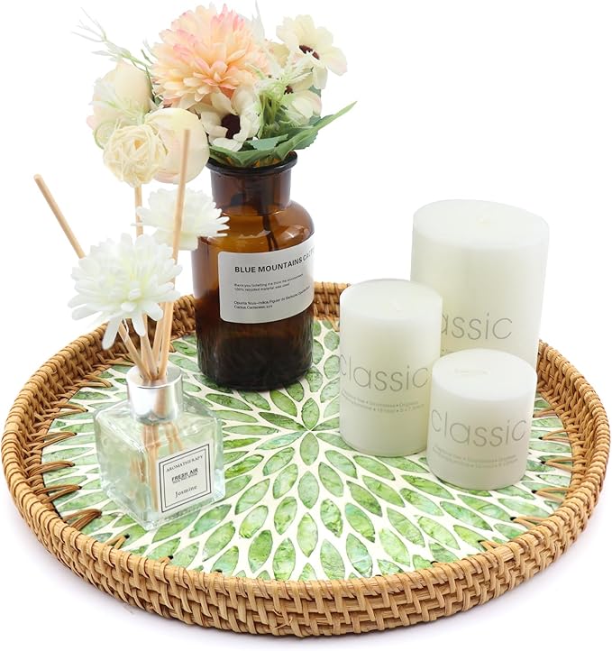 Round Rattan Tray with Mother of Pearl Inlay, Decorative Rattan Serving Tray for Home Boho Decor, Coffee Table, Bread, Food, Tea, Ottoman Trays-Fruit Wicker Basket, 100% Natural Materials Green- 13.8"