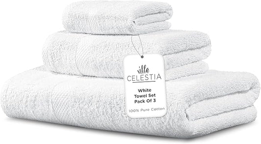 100% Combed Cotton Bathroom Towel Set of 3- 1 Bath Towel, 1 Hand Towel, 1 Wash Cloth, Sustainable, Soft, Highly Absorbent 3 Piece Cotton Bath Towel Set Ideal for Hotels, Spa, Bathroom, Dorm, White
