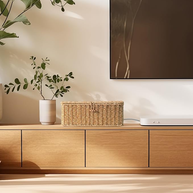 BROWNLILY Cable Management Box, Rattan Style Cord Organizer for Desk Cord Hider Outlet Covers Baby Proofing for Power Strip TV PC Router Charger Under Desk Storage with Lockable Lid and Cable Ties