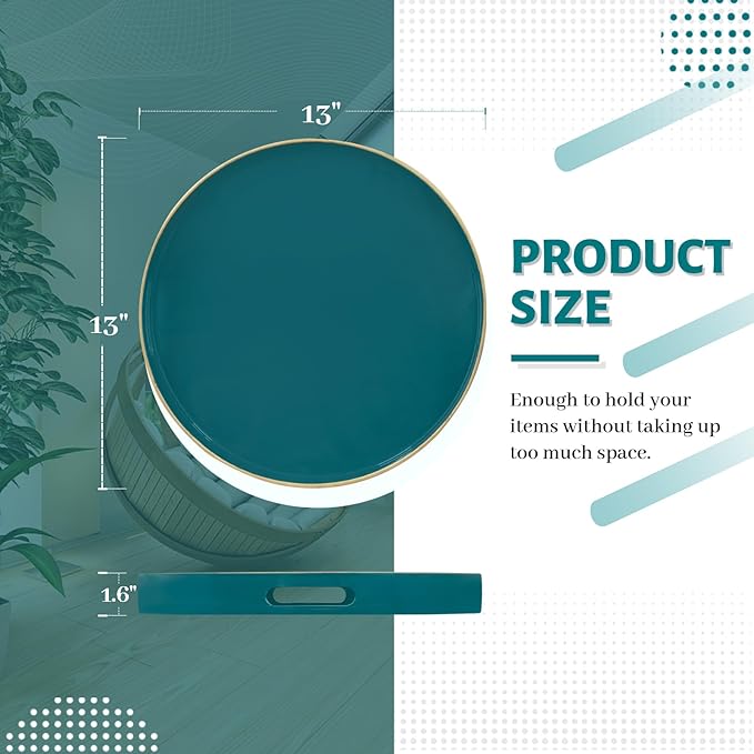 MAONAME 13" Round Tray, Teal Serving Trays with Handles, Modern Decorative Trays for Coffee Table, Plastic Ottoman Tray for Ottoman, Bathroom, Decor