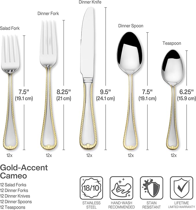 Mikasa Cameo Gold 65 Piece Flatware Set, Service for 12