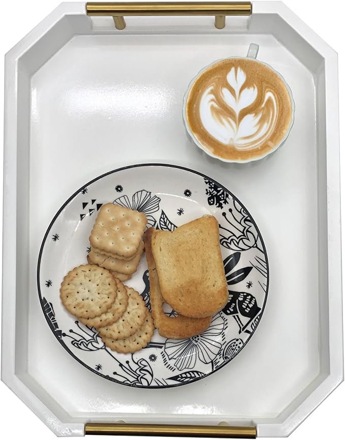 Serving Tray with Polished Metal Handles, Hexagon Coffee Table Tray, Modern Rectangle Decorative Tray, Large Ottoman Tray, Perfect for Storage and Display (White Rectangle)