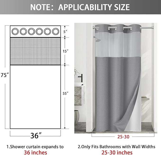 YellyHommy Stall No Hook Shower Curtain with Snap in Liner Set Less Time Grey Waffle Shower Curtain for Bathroom 75" L x 36" W