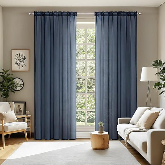 MIULEE 2 Panels Navy Blue Sheer Curtains 90 inches Long Window Curtains Rod Pocket Elegant Window Voile Panels/Drapes/Treatment for Bedroom Living Room (54X90 Inches)