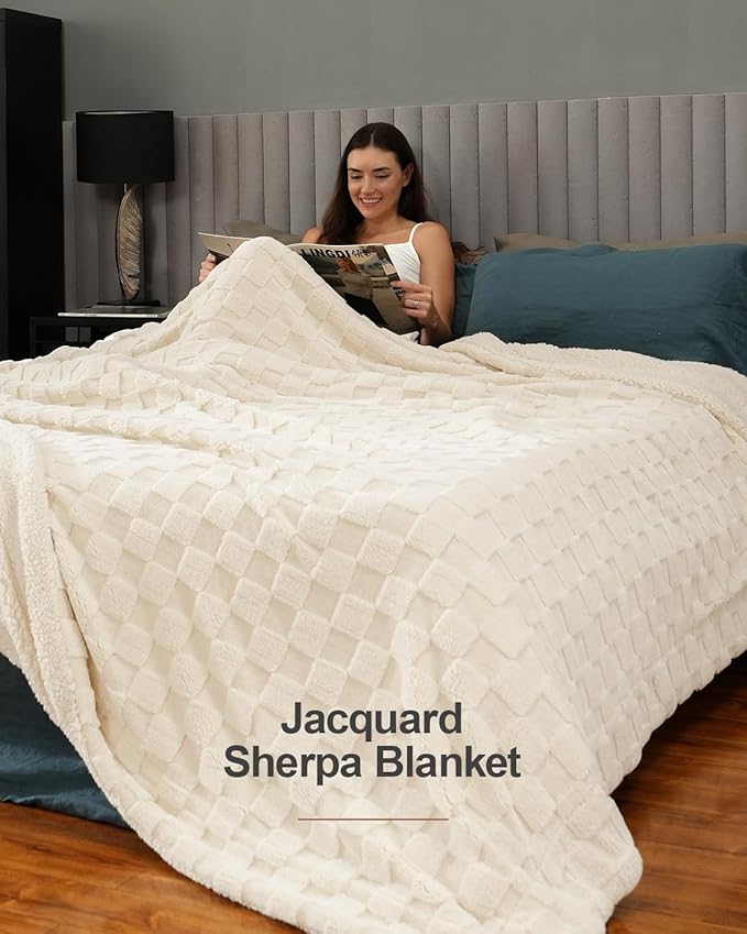 Pawque Super Soft Cozy Throw Blanket Twin Size for Couch Bed, Fluffy Sherpa Fleece Reversible Thick Warm Fuzzy Blanket for All-Season, 3D Checkered Jacquard Decorative Blanket, Cream White, 60" x 80"