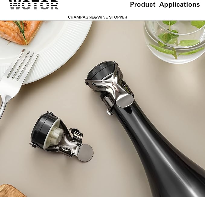 WOTOR Champagne&Wine Bottle Stoppers Stainless Steel with Food Grade Silicone, Leak Proof Keep Fresh Reusable Saver, Cork Suitable for Wine, Champagne, Cava, Prosecco and Sparkling (6 Pack Black）