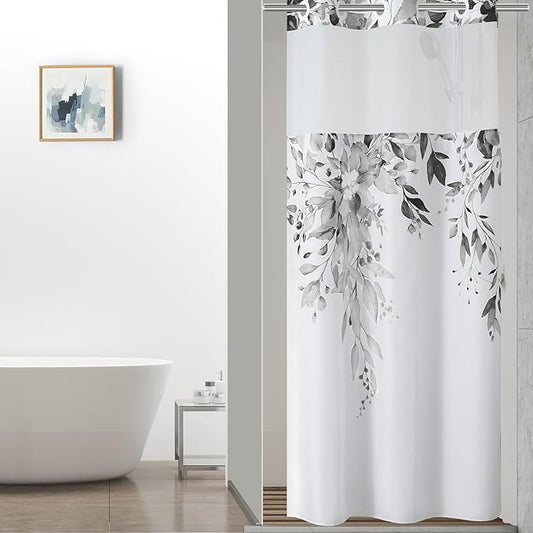 QiyI No Hook Shower Curtain with Snap in Fabric Liner, Grey Eucalyptus Shower Curtain with See Through Top Window, Waterproof Washable Cloth Ringless Shower Curtain Set for Bathroom, 36 x 75