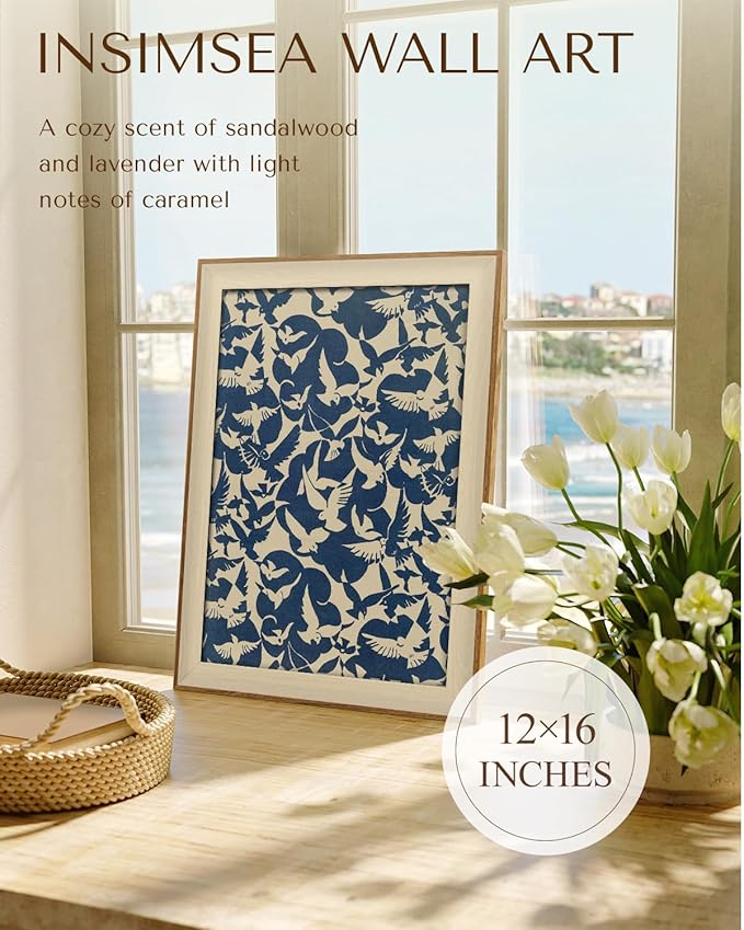 InSimSea Framed Canvas Wall Art Vintage Decor Minimalist Flying Birds Wall Decorations for Living Room Blue and White Art Print Abstract Bird Pictures Room Aesthetic Shelf Decor Bedroom Office 12x16In