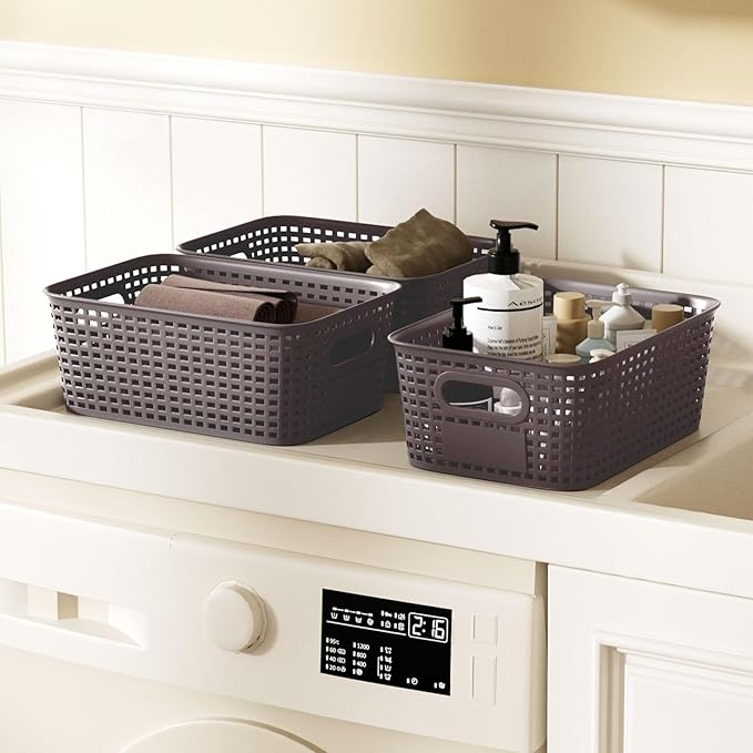 Small Storage Bins with Bamboo Lids, Decorative Plastic Storage Box with Lids, 5QT Stackable Organizing Baskets with Lable for Classroom, Office, Desktop, Closet, Shelf, 10x7.1x4.1 In, Brown, 6 Pack