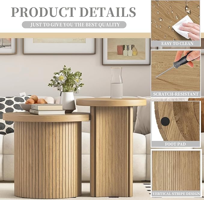 Set of 2 Nesting Coffee Tables Farmhouse,Round Coffee Tables Living Room,Wood Finish Coffee Table Set, Small Coffee Table, Sofa Side Living Room Bedroom Coffee Table Side Table (Small Size-Set)