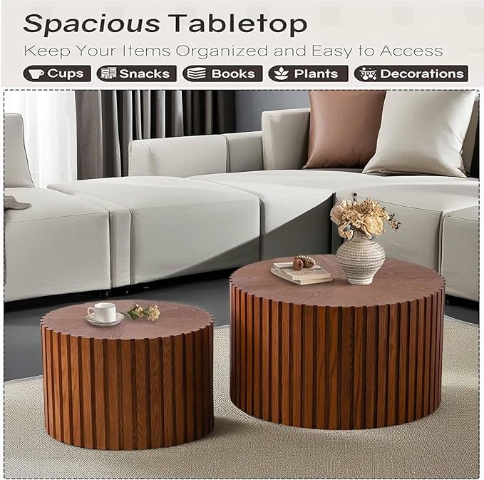 Modern Round Nesting Coffee Table Set of 2, Vertical Stripe Design Drum Coffee Table Cocktail Table, Round Side Table for Living Room, Bedroom, Office, Balcony (J19.7+27.6")
