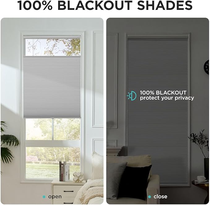 Joydeco No Tools No Drill Blinds for Indoor Windows, Cordless Window Blinds Cellular Shades Top Down Bottom Up Blackout Honeycomb Blinds Thermal Insulated Noise Reduction (Grey, 35" W x 64" H)