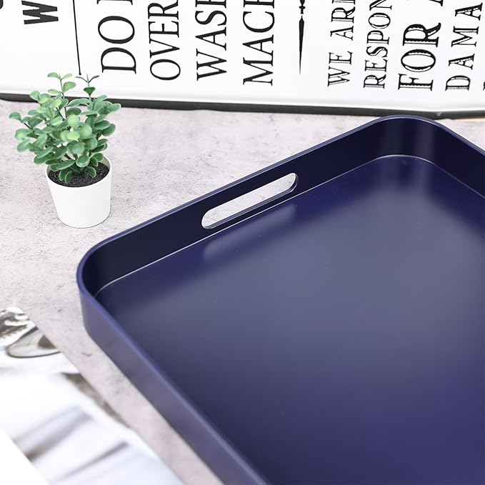 Square Navy Blue Decorative Serving Tray with Handles, Versatile Ottoman Tray for Coffee Table, Entertaining, Outdoor Patio, Living Room, 13”*13”*1.6”