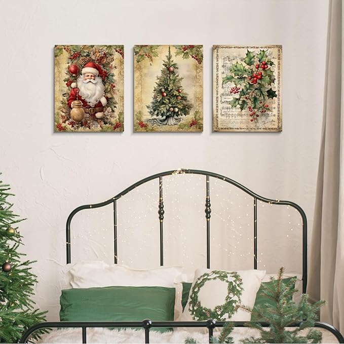 DSHFG Vintage Christmas Wall Art Xmas Decor, Santa Claus Decor Retro Christmas Tree Canvas Wall Art for Home Bedroom Living Room Office, Housewarming Gifts for Women, 14x11 Inch Framed