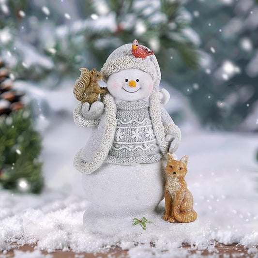 Christmas Snowman Decorations Indoor Figurines Glowing Knitting Design Gift Decor, Animated Xmas Home Ornament, Holiday Presents White & Blue with Animals Snow Buddies - White
